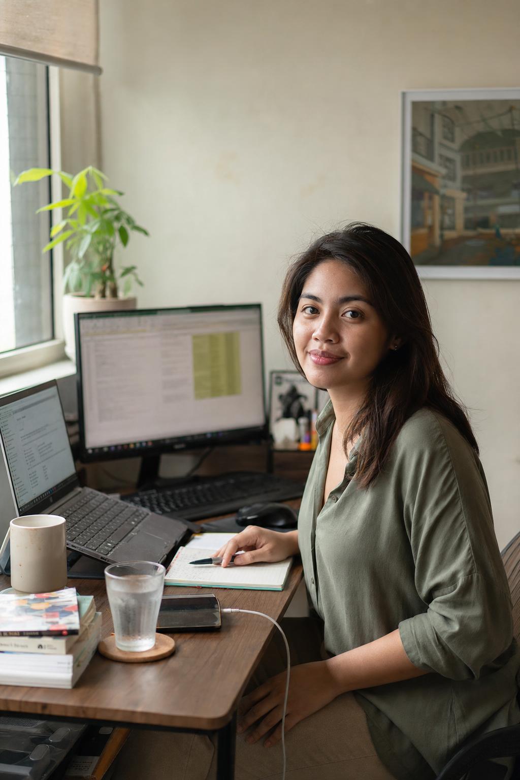 A Filipino professional in her home office, mid-morning, working at her desk.
