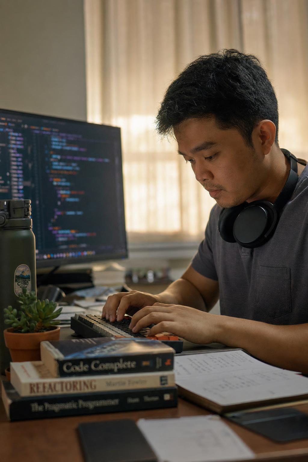 A Filipino professional at his home workspace, headphones around his neck, working on code.