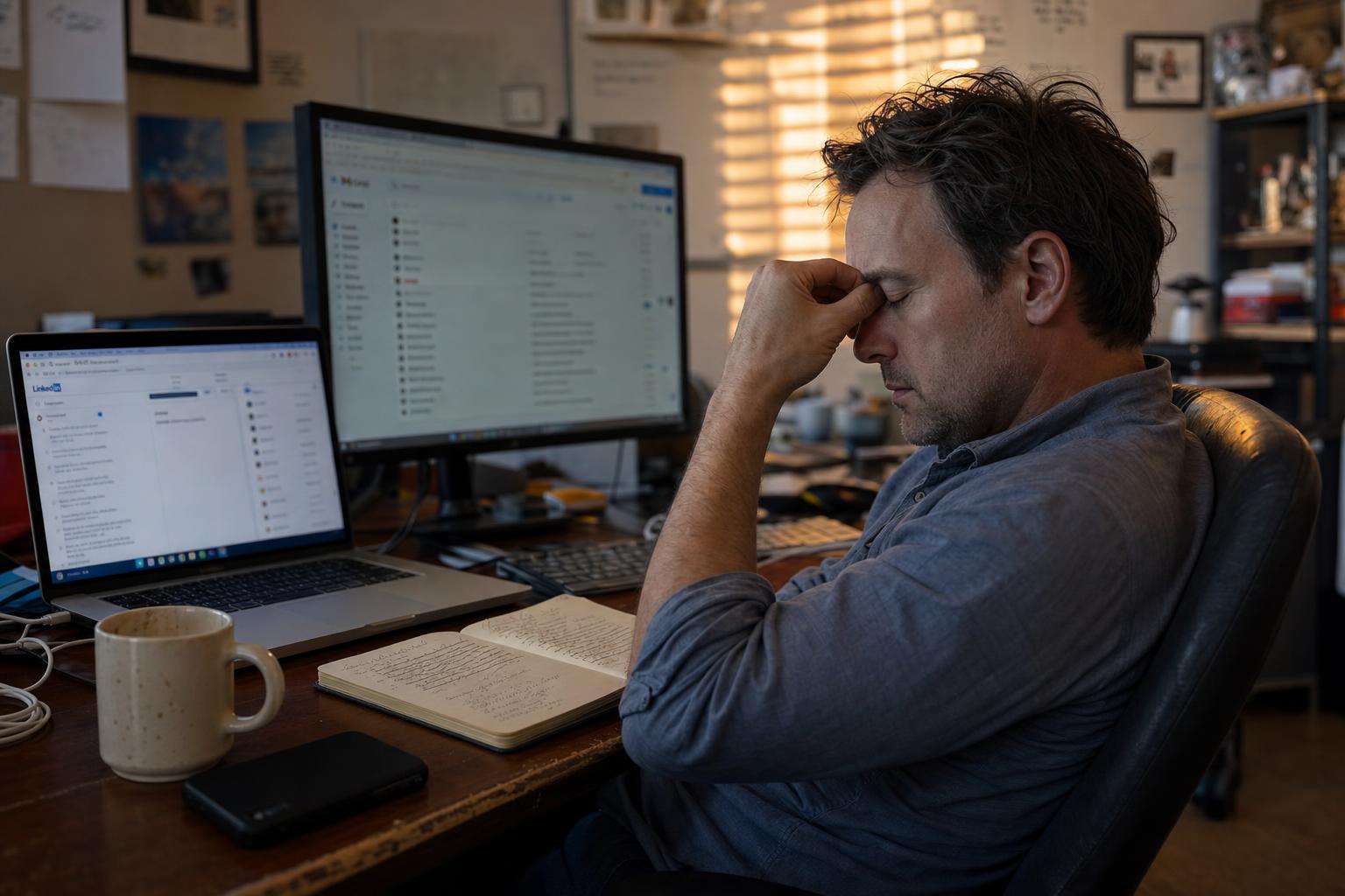 A founder at their desk, late afternoon, pinching the bridge of their nose, surrounded by a laptop showing LinkedIn and a notebook full of job-spec notes.